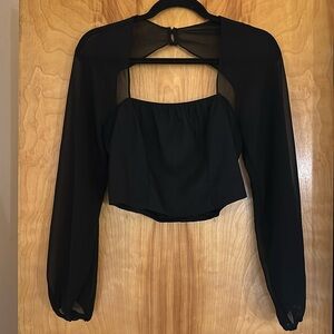 Express Cropped Black Sheer Sleeve Blouse